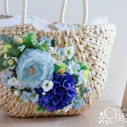 【かごバッグ】上品なブルー系でまとめた大人の花かごバッグ。「Creema限定」 2枚目の画像