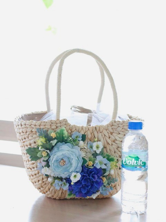 【かごバッグ】上品なブルー系でまとめた大人の花かごバッグ。「Creema限定」 7枚目の画像