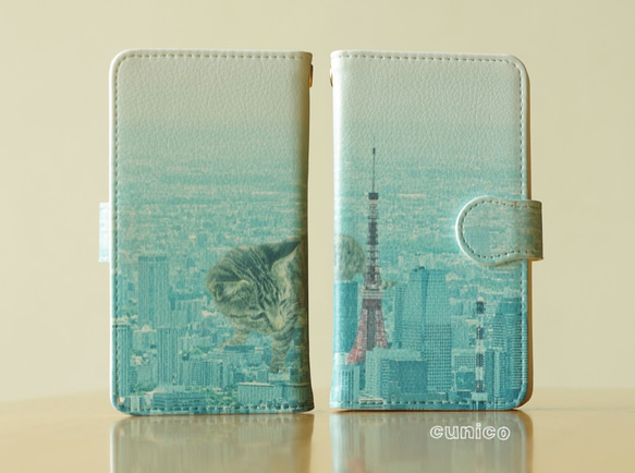 《送料無料》手帳型スマホケース「東京タワーとネコ」 1枚目の画像