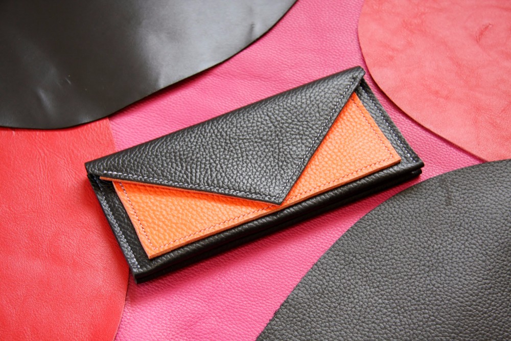 姫路シュリンクレザー Wallet　長財布　【TUMIKI】オレンジ×ブラック