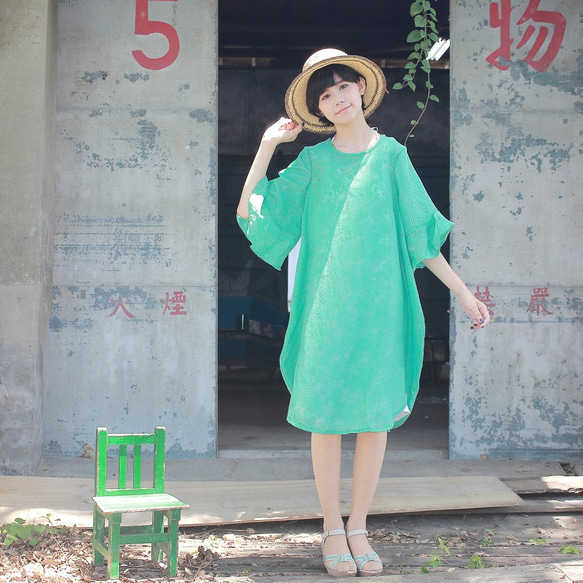 湖水綠 綠色 /花紋蝴蝶結洋裝/內搭綁帶純棉白 洋裝 第7張的照片