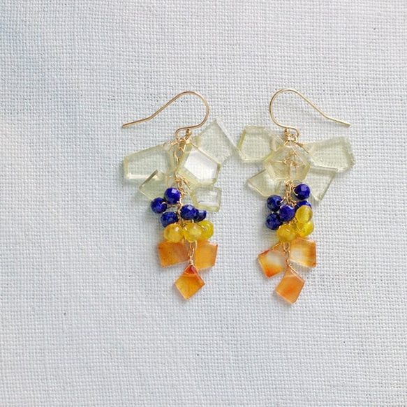 短冊 : Lemon Quartz, navy & orange（earring）レモンクォーツ・ラピスラズリ 1枚目の画像