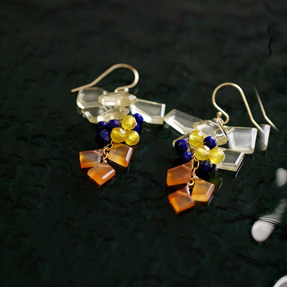 短冊 : Lemon Quartz, navy & orange（earring）レモンクォーツ・ラピスラズリ 4枚目の画像