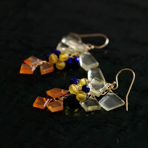 短冊 : Lemon Quartz, navy & orange（earring）レモンクォーツ・ラピスラズリ 6枚目の画像