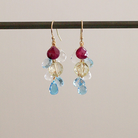 fusa：紅寶石、檸檬、藍色（耳環）一小束紅寶石、瑞士藍托帕石和石英 第2張的照片