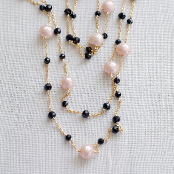 Pinkpearl & Blackspinel Rope（necklace）ピンクパールとスピネルのロングネックレス 1枚目の画像