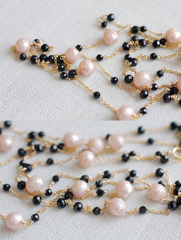 Pinkpearl & Blackspinel Rope（necklace）ピンクパールとスピネルのロングネックレス 2枚目の画像