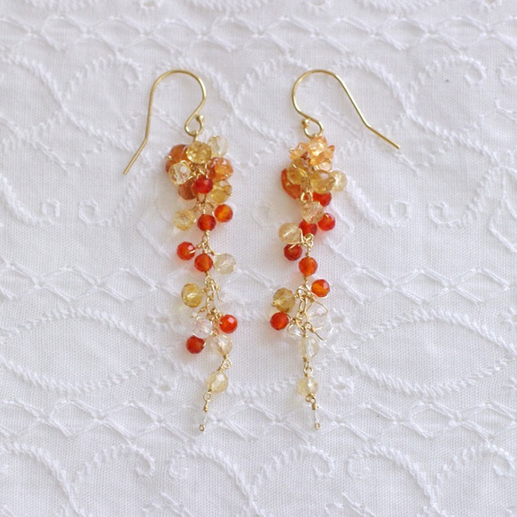 yamabudo：瑪瑙和黃水晶（耳環）橙色和透明的淺石束狀耳環 第6張的照片