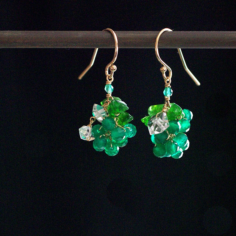 yamabudo : GreenOnix&Harkimer Tama（earring）緑と透明な光の石の玉房の耳飾り