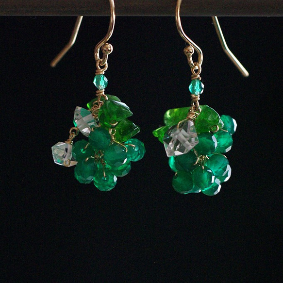yamabudo : GreenOnix&Harkimer Tama（earring）緑と透明な光の石の玉房の耳飾り 7枚目の画像