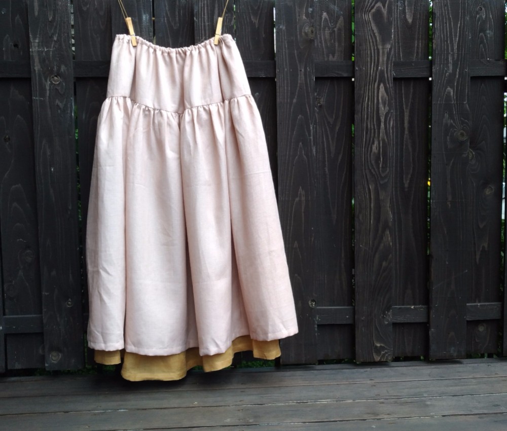 linen＆cotton　2枚重ね　切り替えギャザースカート
