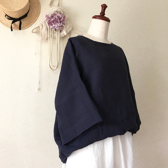 ⭐️ワイド袖のプルオーバー ⭐️ ベルギーリネン紺色 ⭐︎受注製作 5枚目の画像
