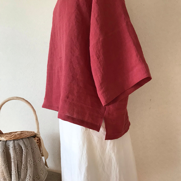 夏の赤リネン⭐️ワイド袖のプルオーバー ⭐️ ベルギーリネン　受注製作 3枚目の画像