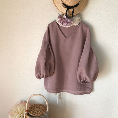 ハンドメイド　後ろ下がりのゆったりプルオーバー ベルギーリネン100% 丈短 ビッグtシャツ 半袖 レディース 綿 ゆったり 大きめ 7分袖 秋