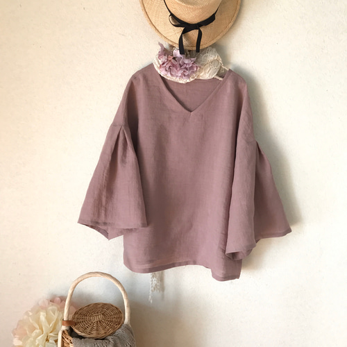 ハンドメイド　後ろ下がりのゆったりプルオーバー ベルギーリネン100% 丈短 earth_eco_loco セール！返品交換不可 リネン100% シャツプル