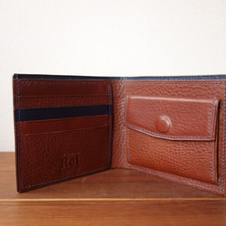 二つ折り財布　イタリアンレザー　ネイビー×チョコ 2枚目の画像