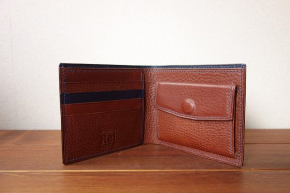 二つ折り財布　イタリアンレザー　ネイビー×チョコ 2枚目の画像