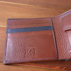 二つ折り財布　イタリアンレザー　ネイビー×チョコ 3枚目の画像