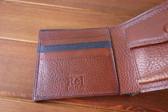 二つ折り財布　イタリアンレザー　ネイビー×チョコ 3枚目の画像