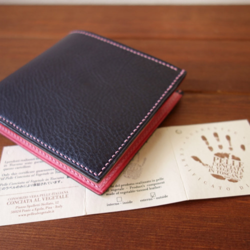 二つ折り財布 イタリアンレザー ネイビー×ピンク 二つ折り財布
