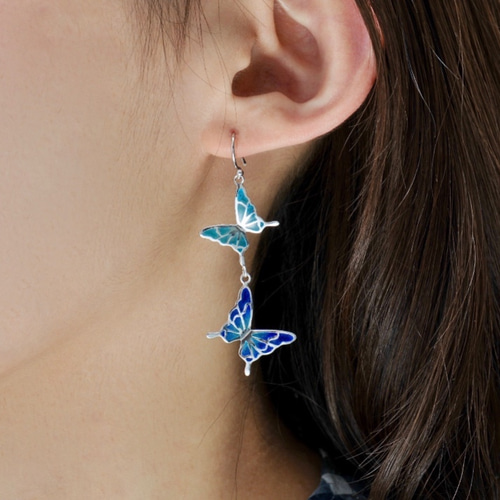碧い蝶 - 透胎七宝ピアス・二連/プリカジュール ピアス（フック