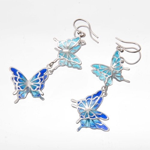 碧い蝶 - 透胎七宝ピアス・二連/プリカジュール ピアス（フック