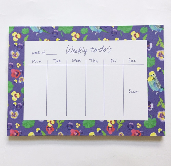 Parakeet Notepad, budgie weekly planner pad, floral 2枚目の画像