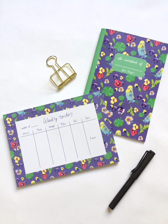 Parakeet Notepad, budgie weekly planner pad, floral 5枚目の画像