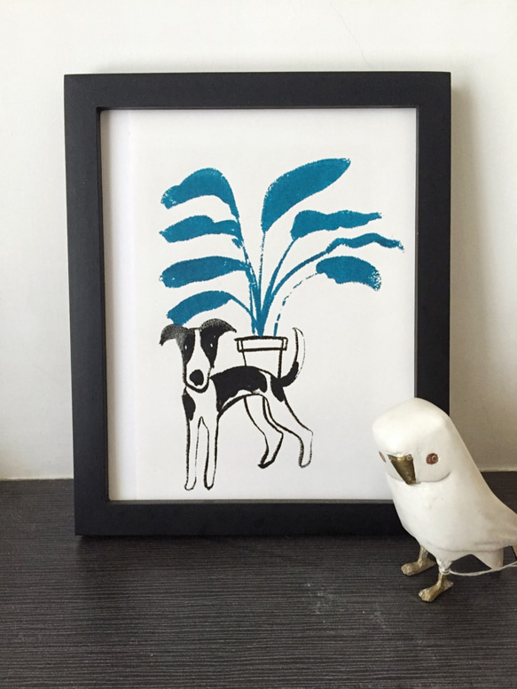 惠比特獵犬與植物 狗兒手工絹印版畫 第1張的照片