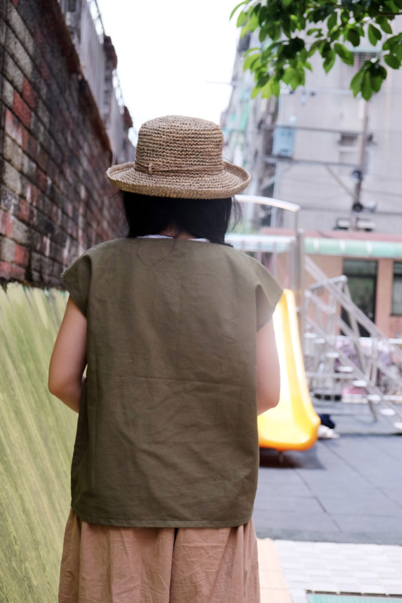 日式短板V領 衫芥末綠的草棉質 手工訂製衫 第3張的照片