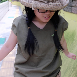 日式短板V領 衫芥末綠的草棉質 手工訂製衫 第5張的照片