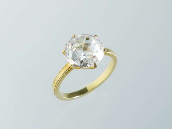 大粒10mmCZ クラシカルローズカットリング ミルグレイン仕上げ 10金YG 1枚目の画像