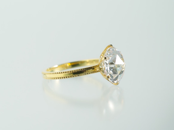 大粒10mmCZ クラシカルローズカットリング ミルグレイン仕上げ 10金YG 2枚目の画像