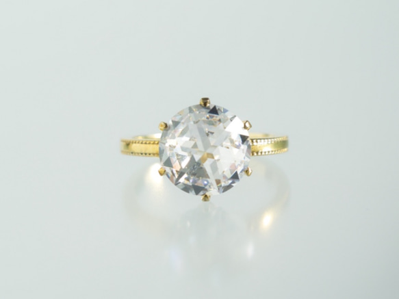 大粒10mmCZ クラシカルローズカットリング ミルグレイン仕上げ 10金YG 3枚目の画像