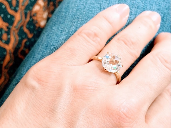 大粒10mmCZ クラシカルローズカットリング ミルグレイン仕上げ 10金YG 6枚目の画像