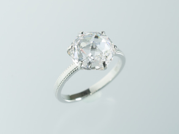 大粒10mmCZ クラシカルローズカットリング ミルグレイン仕上げ シルバー 1枚目の画像