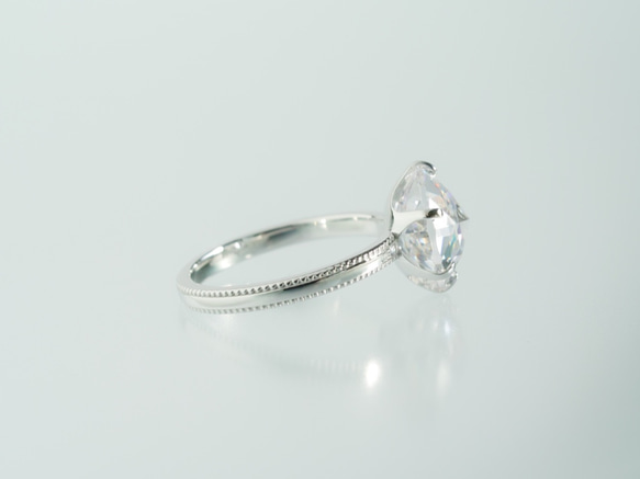 大粒10mmCZ クラシカルローズカットリング ミルグレイン仕上げ シルバー 2枚目の画像