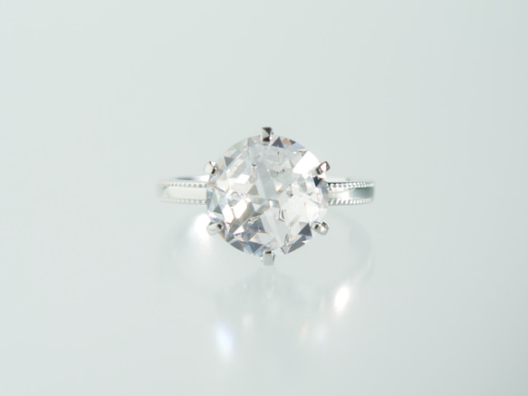 大粒10mmCZ クラシカルローズカットリング ミルグレイン仕上げ シルバー 3枚目の画像