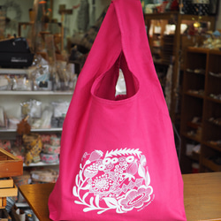探していたかわいいエコバッグ♪AMBERオリジナルデザイン 収納袋つき マルシェバッグ ピンク 1枚目の画像