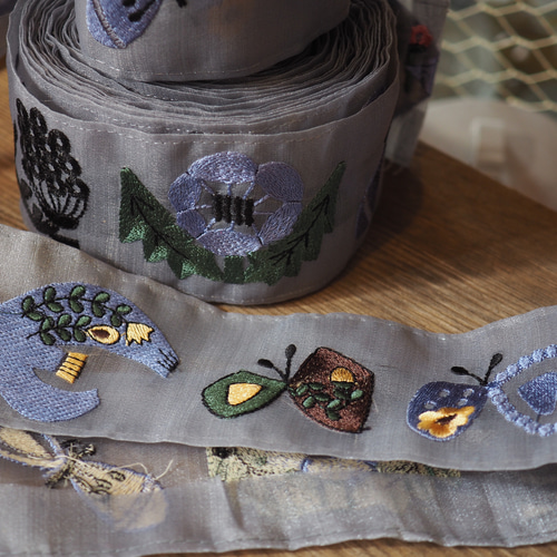 オリジナル 刺繍レース【鳥ちょうちょシリーズ】ブルー ＊ 1パターン