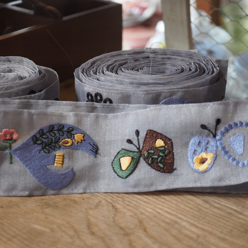 オリジナル 刺繍レース【鳥ちょうちょシリーズ】ブルー ＊ 1