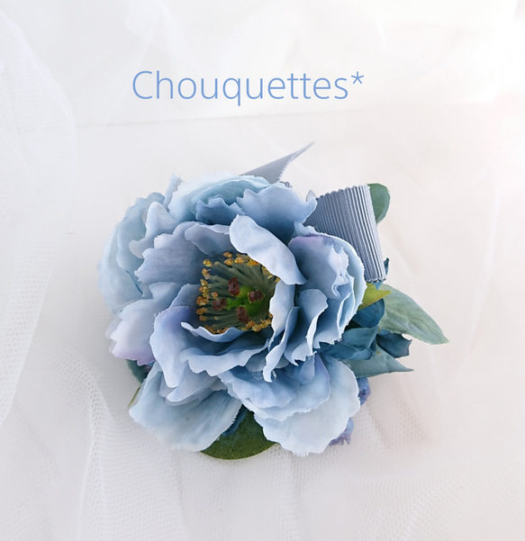 ✨新作 パリの花束ブーケ風コサージュ   ペールブルー 2枚目の画像