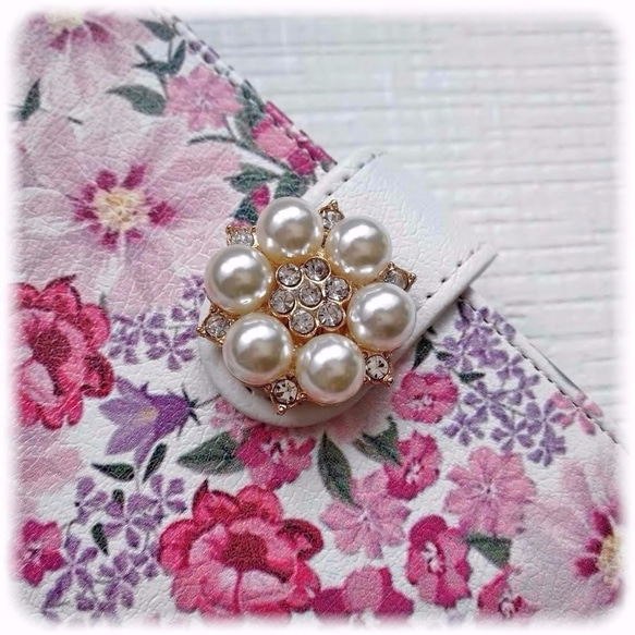 [M03箭頭/ M04 / F-03H / F-05J]華麗粉紅色的花手機殼♡珍珠珠寶✨筆記本型 第4張的照片