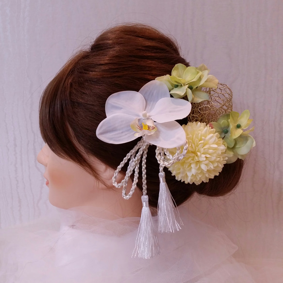 ナチュラル♡胡蝶蘭とグリーン紫陽花のヘッドドレス 1枚目の画像