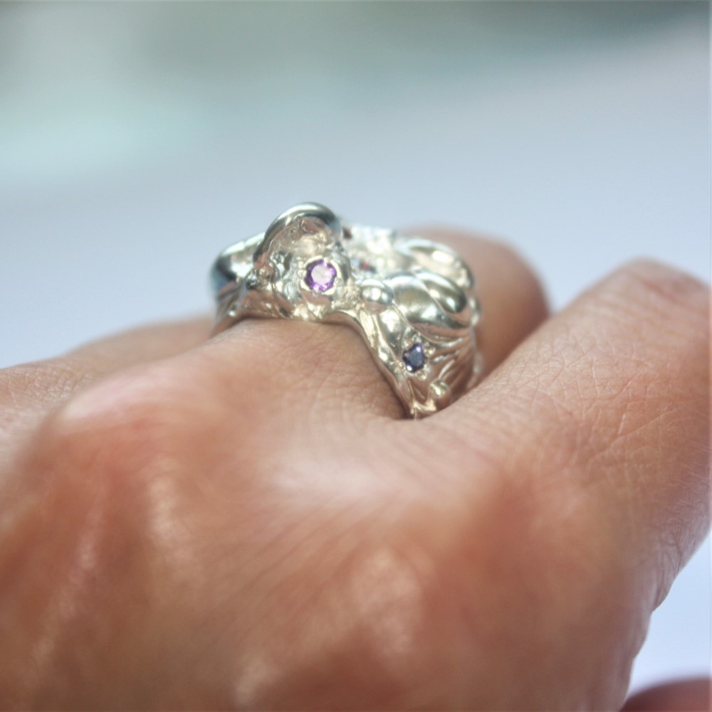 月面リング　フリーサイズ　シルバー　指輪　ガーネット　アメシスト　アイオライト