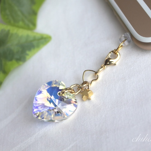 スワロフスキー クリスタルオーロラハートのストラップ / イヤホン