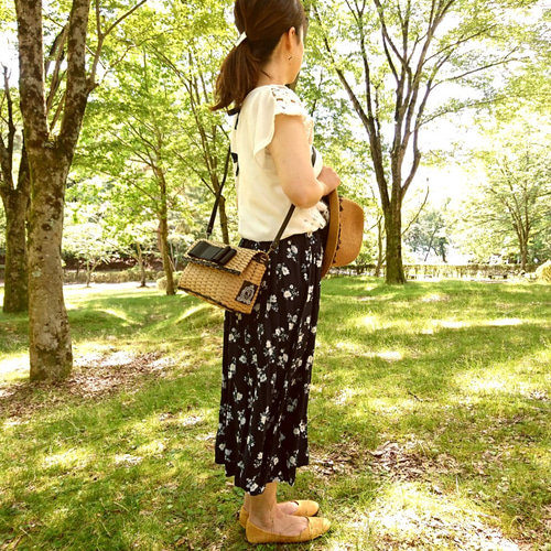 ロング】オトナのリボン ベージュ×黒のかごのショルダーバッグ S かご