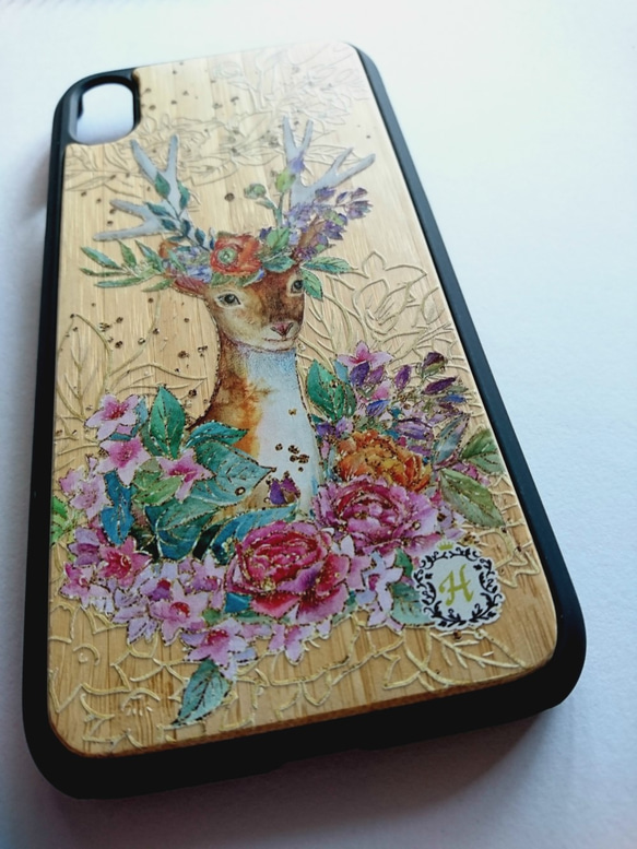 【受注生産】Deer Bamboo-鹿と花のスマホカバー-(iPhone XR,iPhone XS Max) 2枚目の画像