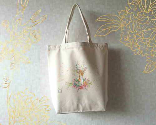 新作・受注生産】Deer Tote bag-鹿と花のトートバック- エコ