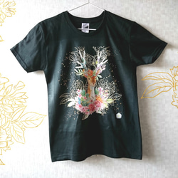 【3カラー・受注生産】Deer T-shats-鹿と花のTシャツ 1枚目の画像